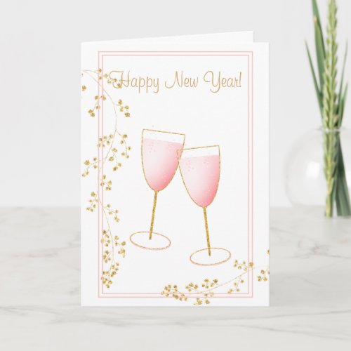 Pink Blush and Gold Champagne Glasses New Year Card