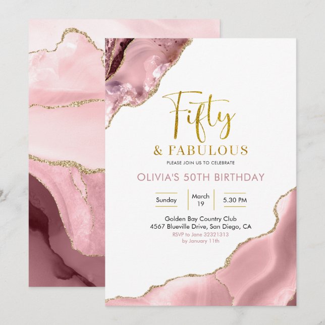 Pink Blush and Gold Fifty and Fabulous Invitation (Front/Back)