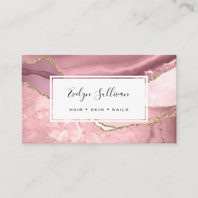 pink blush and gold glitter agate business card (Front)