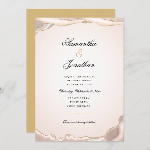 Pink Blush and Gold Glitter Agate Elegant Wedding Invitation - This wedding invitation offers and elegant design featuring a border of blush pink and gold glitter agate and is accented with script text.