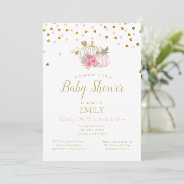 Pink Blush and Gold Pumpkin Baby Shower Invitation (Standing Front)