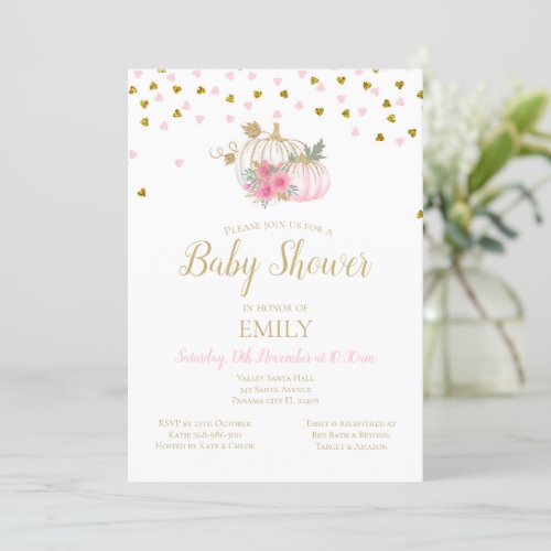 Pink Blush and Gold Pumpkin Baby Shower Invitation