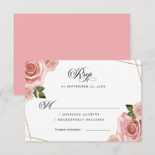 Pink Blush and Gold Roses Glitter Wedding RSVP Invitation