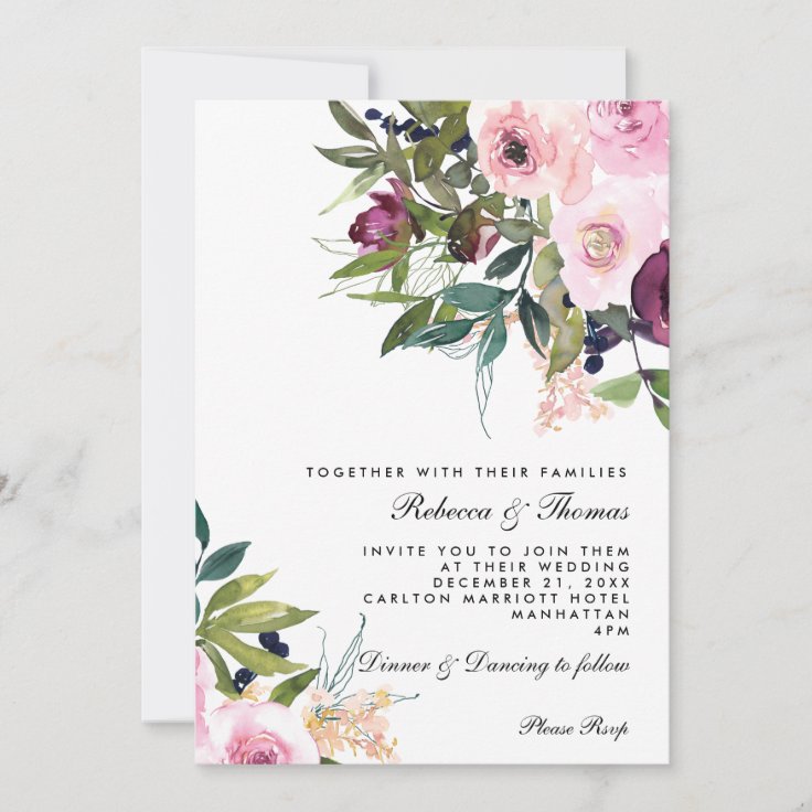 Pink blush and plum floral greenery wedding invitation | Zazzle