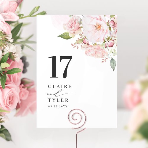 Pink Blush and Rose Gold Floral Wedding Table Number
