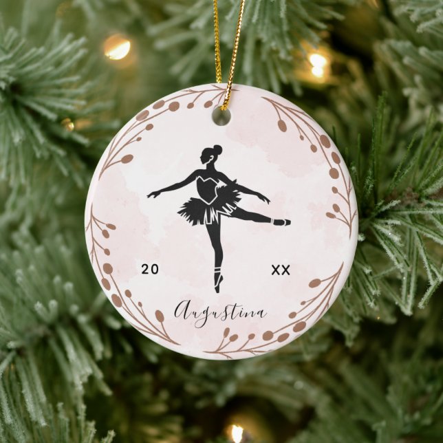 Pink Blush Ballerina Silhouette Name & Year Cute Ceramic Ornament (Tree)