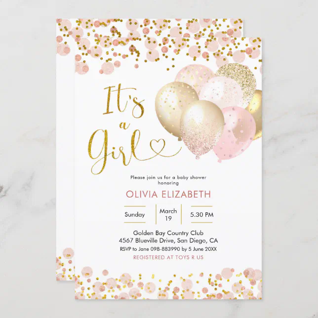 Pink Blush Balloon It's a Girl Baby Shower Invitation | Zazzle