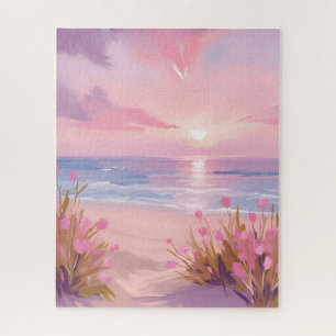 Pink Blush Beach Sunset Pastel Watercolor Jigsaw Puzzle