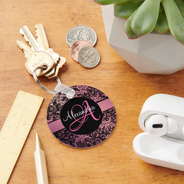  Pink Blush Black Moody Floral Monogram Keychain (Desk)