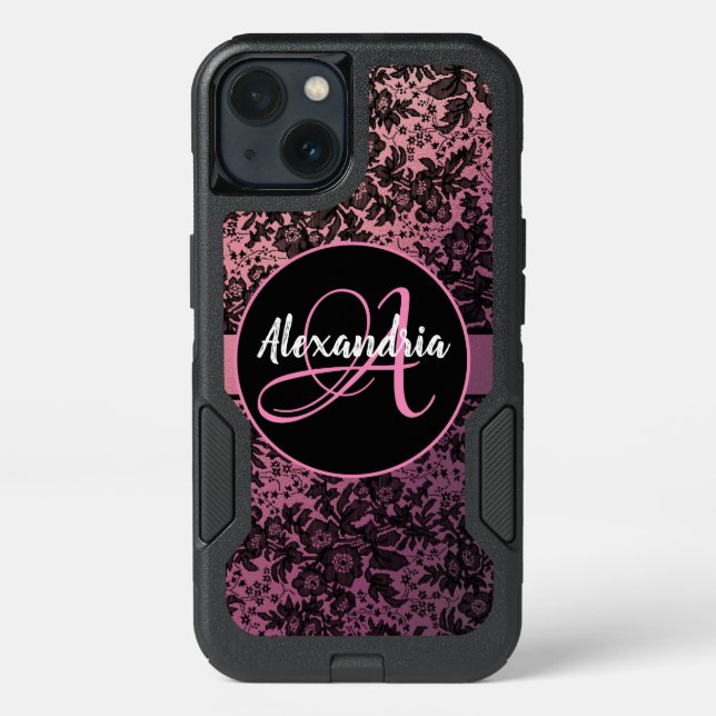  Pink Blush Black Moody Floral Monogram     Otterbox iPhone Case (Back)
