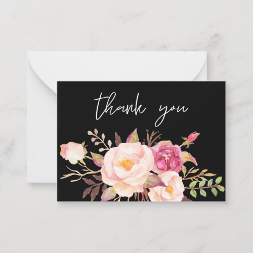 Pink Blush Bloom Floral _All Black Small Thank You Note Card