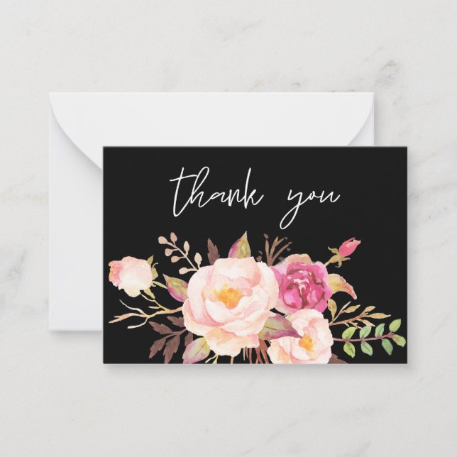 Pink Blush Bloom Floral -Black White Small Thanks Note Card (Front)