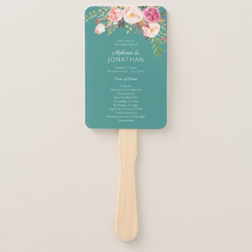 Pink Blush Bloom Floral Wedding Program Turquoise Hand Fan