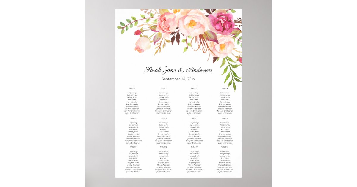 Pink Blush Bloom Floral Wedding Seating Chart 12 Zazzle