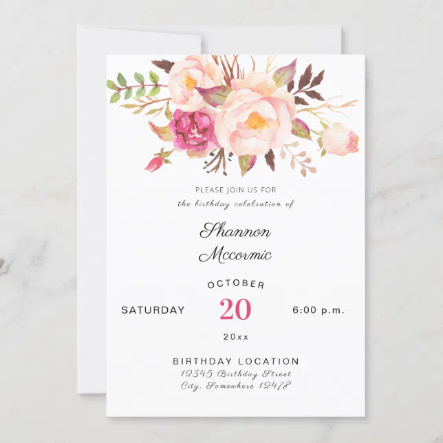 Pink Blush Blooming Floral Birthday White Invitation 