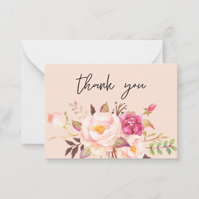 Pink Blush Blooming Floral - Pink Small Thank You Note Card (Front)