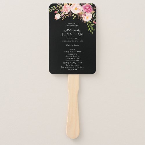 Pink Blush Blooming Floral Wedding Program Black Hand Fan