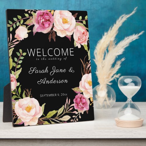 Pink Blush Blooming Floral Welcome Sign _ Ea Black Plaque
