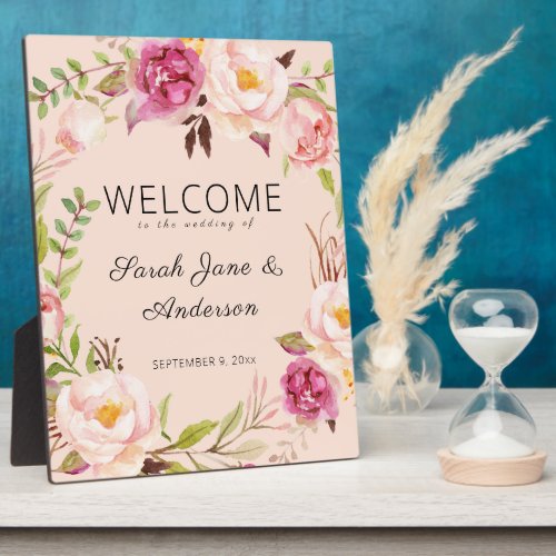 Pink Blush Blooming Floral Welcome Sign _ Ea Pink Plaque