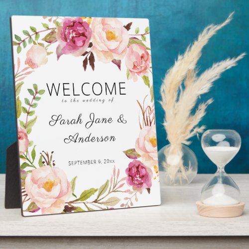 Pink Blush Blooming Floral Welcome Sign _ Ea White Plaque