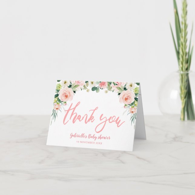 pink blush blooms baby shower thank you card (Front)