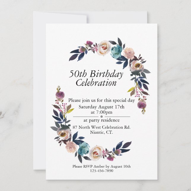 Pink Blush Blue Boho Customizable 50th Birthday Invitation (Front)