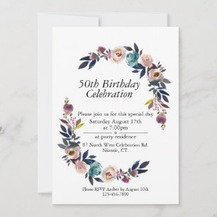 Pink Blush Blue Boho Customizable 50th Birthday Invitation