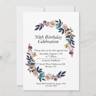 Pink Blush Blue Boho Customizable 50th Birthday Invitation