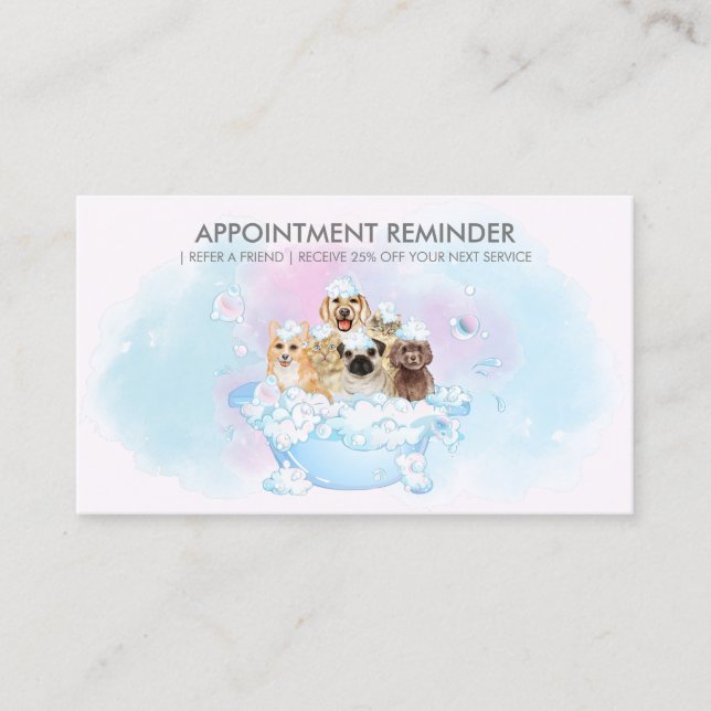 Pink Blush Blue Dogs cats spa Groomer Appointment Business Card (Front)