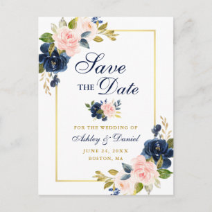 Pink Blush Blue Floral Elegant Gold Save the Date Announcement Postcard