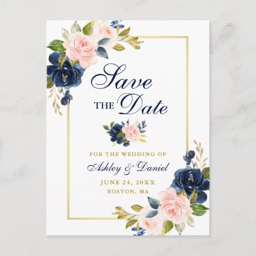 Pink Blush Blue Floral Elegant Gold Save the Date Announcement Postcard
