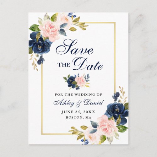 Pink Blush Blue Floral Elegant Save the Date Announcement Postcard