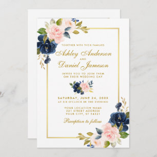 Pink Blush Blue Floral Gold Photo Wedding Invitation