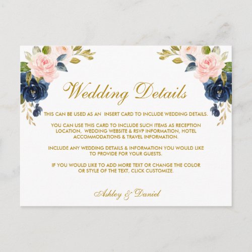 Pink Blush Blue Floral Gold Wedding Details Card