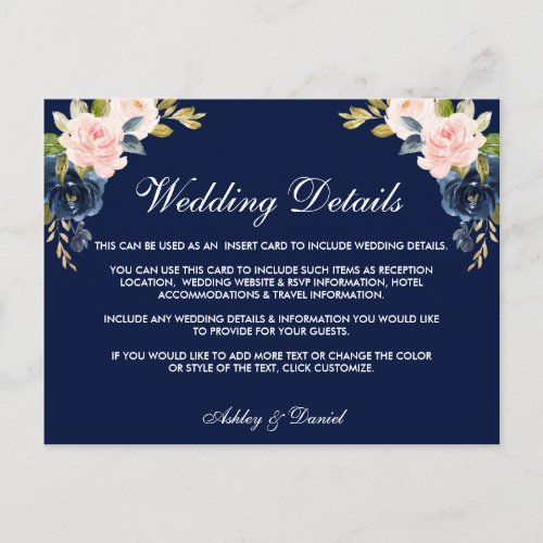 Pink Blush Blue Floral Wedding Details Insert Card