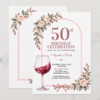 Pink Blush Boho Floral Wine Glass 50th Birthday Invitation