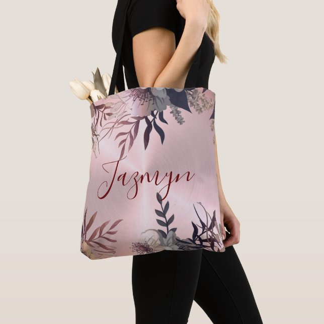 Pink Blush Botanical Personalized Tote Bag (Close Up)