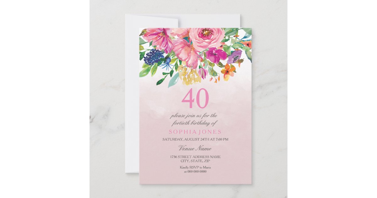 Pink Blush Botantical Watercolor 40th Birthday Invitation | Zazzle