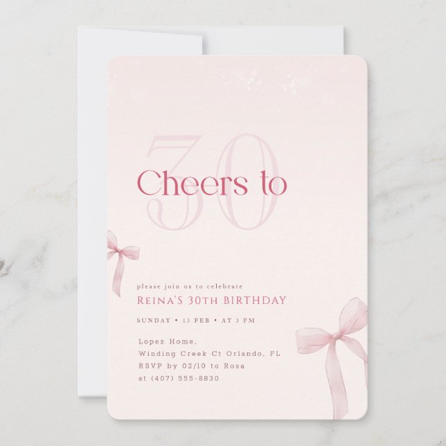Pink Blush Bow Cheers to Thirty Birthday Invitation (Front)