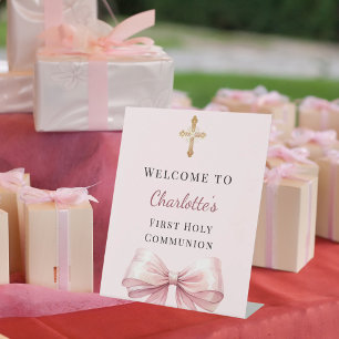 Pink blush bow First Holy Communion welcome Pedestal Sign