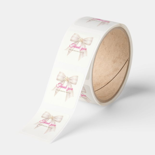 Pink Blush Bow Princess Ribbon Thank You Sticker (Roll)