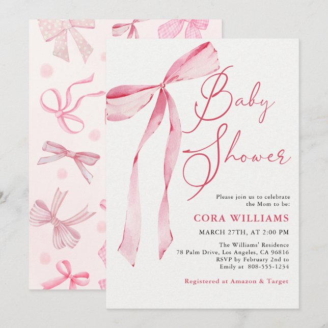Pink Blush & Bows Baby Shower  Invitation (Front/Back)