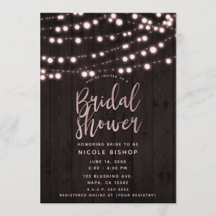 Pink Blush Brown Rustic Wood Lights Bridal Shower Invitation