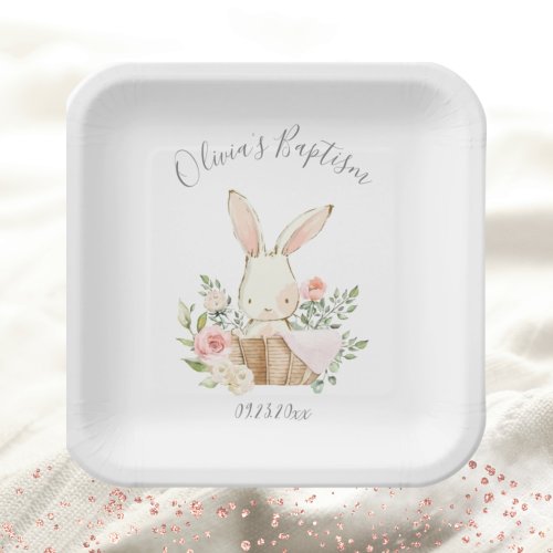 Pink Blush Bunny Rabbit Girl Baby Baptism Paper Plates