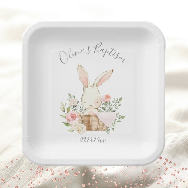 Pink Blush Bunny Rabbit Girl Baby Baptism Paper Plates (Creator Uploaded)