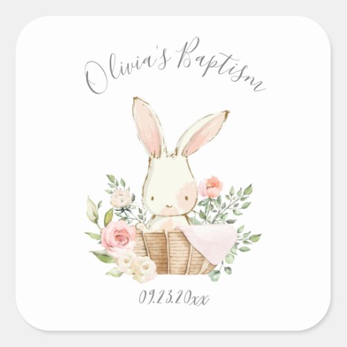 Pink Blush Bunny Rabbit Girl Baby Baptism Square Sticker