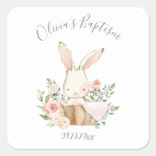 Pink Blush Bunny Rabbit Girl Baby Baptism Square Sticker