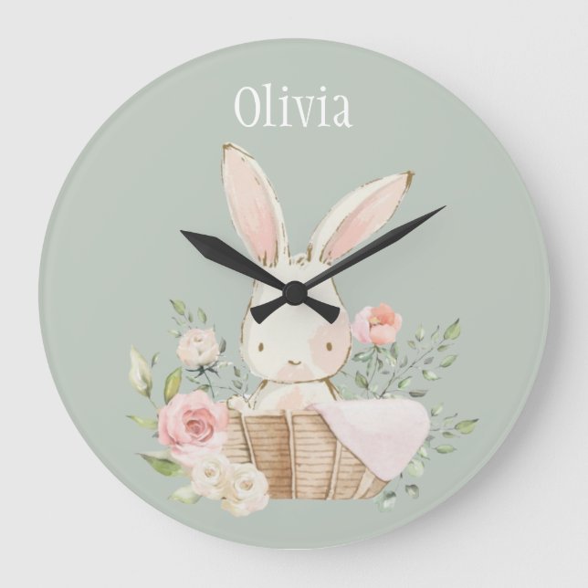 Pink Blush Bunny Sage Green Name Nursery Clock (Front)