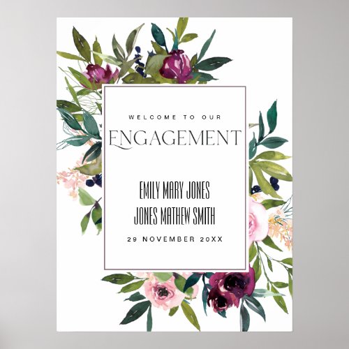 PINK BLUSH BURGUNDY FLORAL ENGAGEMENT WELCOME POSTER