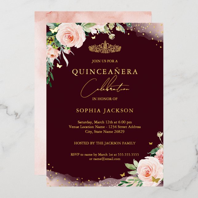 Pink Blush Burgundy Floral Quinceanera Birthday  Foil Invitation (Front/Back)